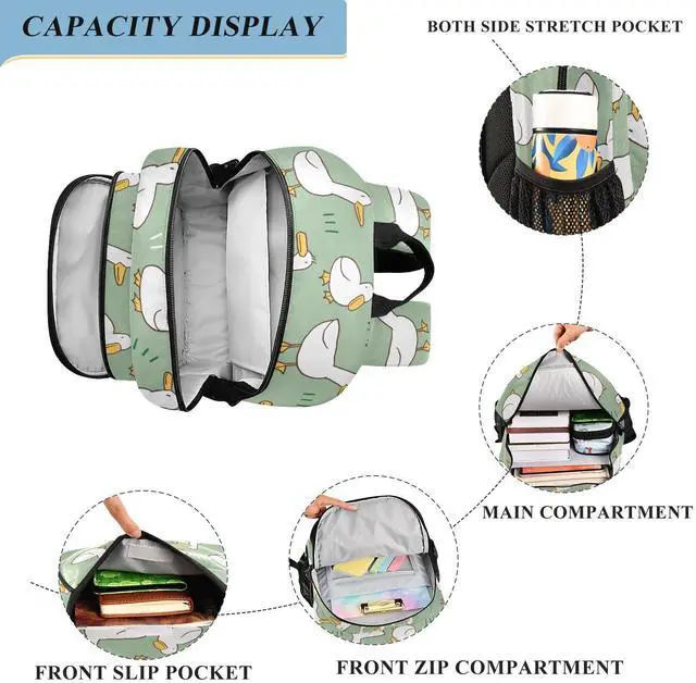 Alt view image 4 of 5 - Krafig Cartoon Duck Pattern Green Backpack Girls Boys Elementary School Bags Bookbags Laptop Backpack Travel Daypack Safe Reflective Stripes