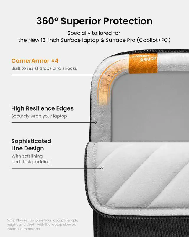 Alt view image 4 of 5 - tomtoc 360 Protective Laptop Sleeve for 13-inch New Surface Pro 11th, Copilot+PC 2024, Surface Pro 10/9/8/X with Signature Keyboard/X Keyboard, Shockproof Water-Resistant Notebook Surface Case Bag