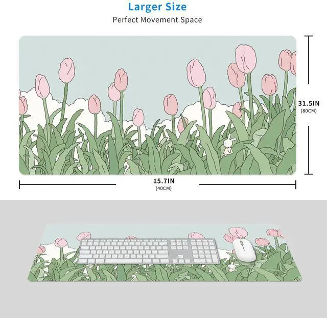 Alt view image 2 of 5 - MAYCARI Watercolor Tulip Flower Mouse Pads,Extended Gaming Mousepad XXL Kawaii Anime Desk Mat Pink Green Large Full Desk Mouse Pad 31.5" x15.7"