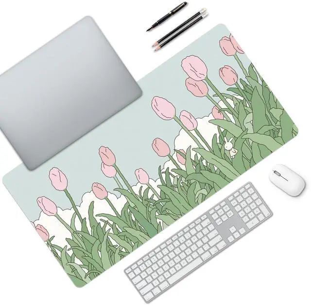 Alt view image 3 of 5 - MAYCARI Watercolor Tulip Flower Mouse Pads,Extended Gaming Mousepad XXL Kawaii Anime Desk Mat Pink Green Large Full Desk Mouse Pad 31.5" x15.7"