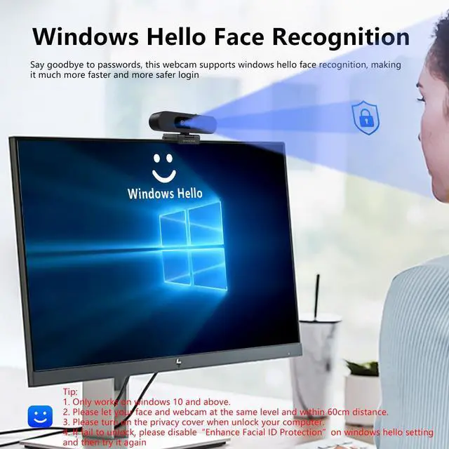 Alt view image 2 of 5 - Window Hello Webcam, 1080P 30fps Camera with Noise-reducing Mic, Plug & Play, 90° Wide Angle, Built-in Privacy Cover, 360° Rotation Pan & 90° Tilt, Perfect for Zoom, Google Meet, Microsoft Teams