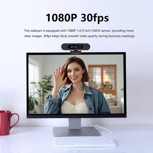 Alt view image 3 of 5 - Window Hello Webcam, 1080P 30fps Camera with Noise-reducing Mic, Plug & Play, 90° Wide Angle, Built-in Privacy Cover, 360° Rotation Pan & 90° Tilt, Perfect for Zoom, Google Meet, Microsoft Teams