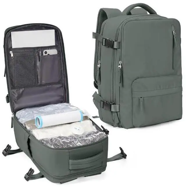 Main image of Travel Vacuum Seal Backpack for Clothing with Hand Pump 18x14x8 inches Personal item Travel Essentials Storage Backpacks Vacuum Sealed Work laptop Backpack Carry on Flight Approved for Women Men Green