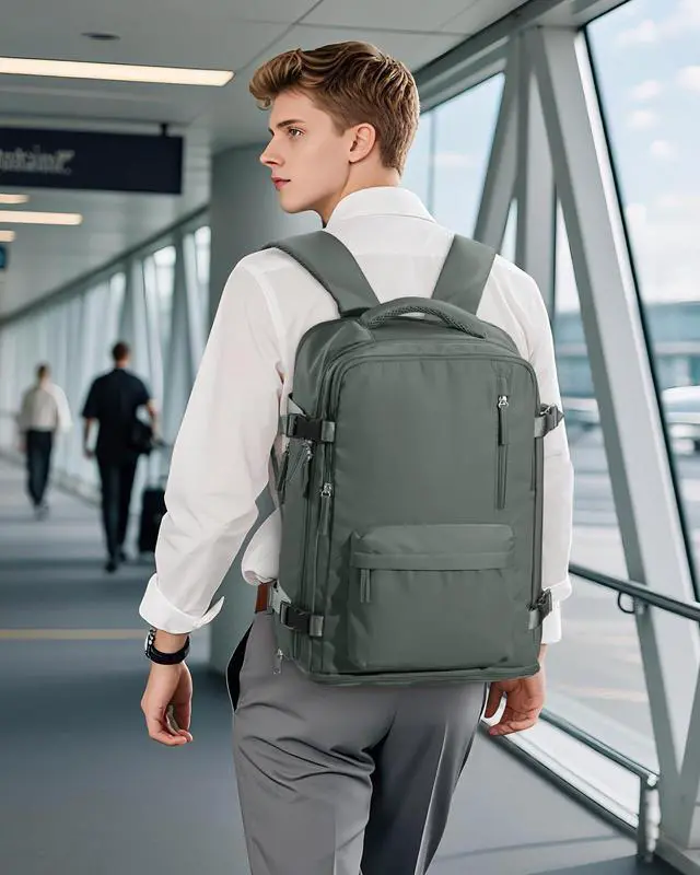 Alt view image 2 of 5 - Travel Vacuum Seal Backpack for Clothing with Hand Pump 18x14x8 inches Personal item Travel Essentials Storage Backpacks Vacuum Sealed Work laptop Backpack Carry on Flight Approved for Women Men Green