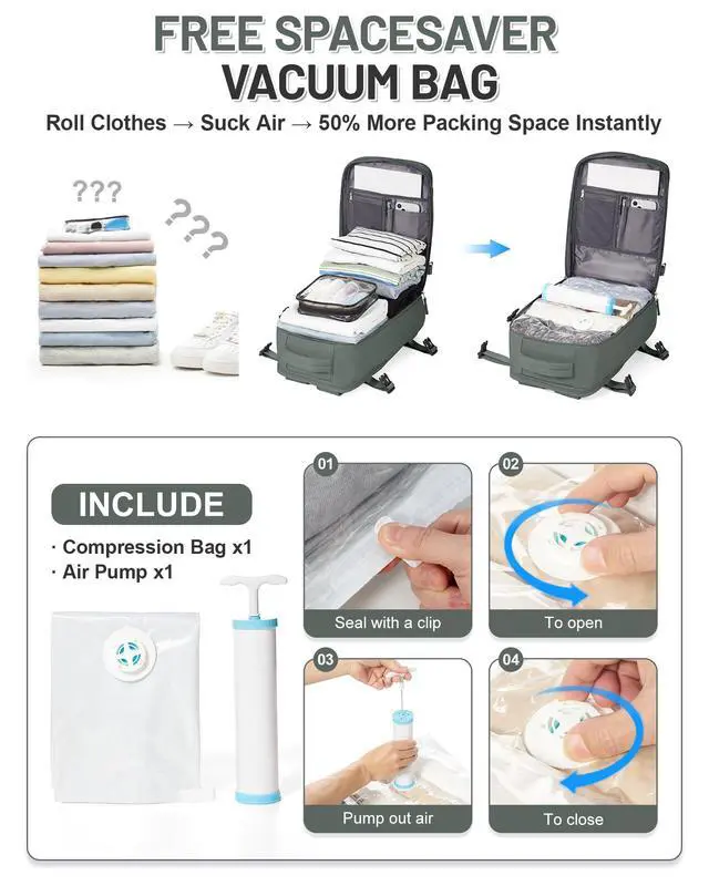 Alt view image 3 of 5 - Travel Vacuum Seal Backpack for Clothing with Hand Pump 18x14x8 inches Personal item Travel Essentials Storage Backpacks Vacuum Sealed Work laptop Backpack Carry on Flight Approved for Women Men Green