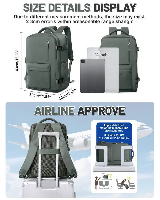 Alt view image 5 of 5 - Travel Vacuum Seal Backpack for Clothing with Hand Pump 18x14x8 inches Personal item Travel Essentials Storage Backpacks Vacuum Sealed Work laptop Backpack Carry on Flight Approved for Women Men Green