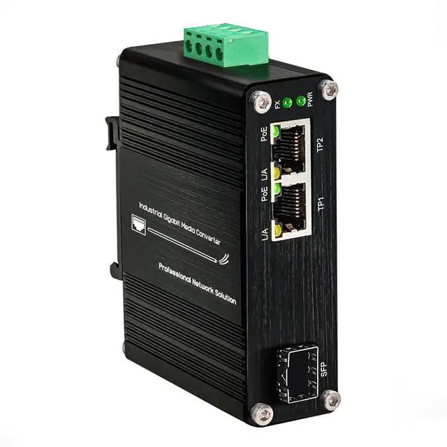 Main image of Mini Industrial 1-Port 100/1000X SFP to 2-Port 10/100/1000T 30W PoE+ Media Converter, Full/Half-Duplex, Auto MDI/MDI-X, DIN-Rail & Wall Mount, 12~48VDC Input, -40°F to 167°F