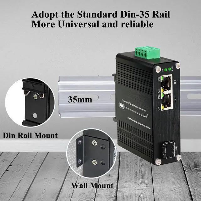 Alt view image 2 of 5 - Mini Industrial 1-Port 100/1000X SFP to 2-Port 10/100/1000T 30W PoE+ Media Converter, Full/Half-Duplex, Auto MDI/MDI-X, DIN-Rail & Wall Mount, 12~48VDC Input, -40°F to 167°F