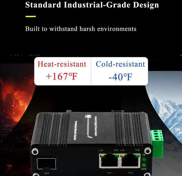 Alt view image 4 of 5 - Mini Industrial 1-Port 100/1000X SFP to 2-Port 10/100/1000T 30W PoE+ Media Converter, Full/Half-Duplex, Auto MDI/MDI-X, DIN-Rail & Wall Mount, 12~48VDC Input, -40°F to 167°F
