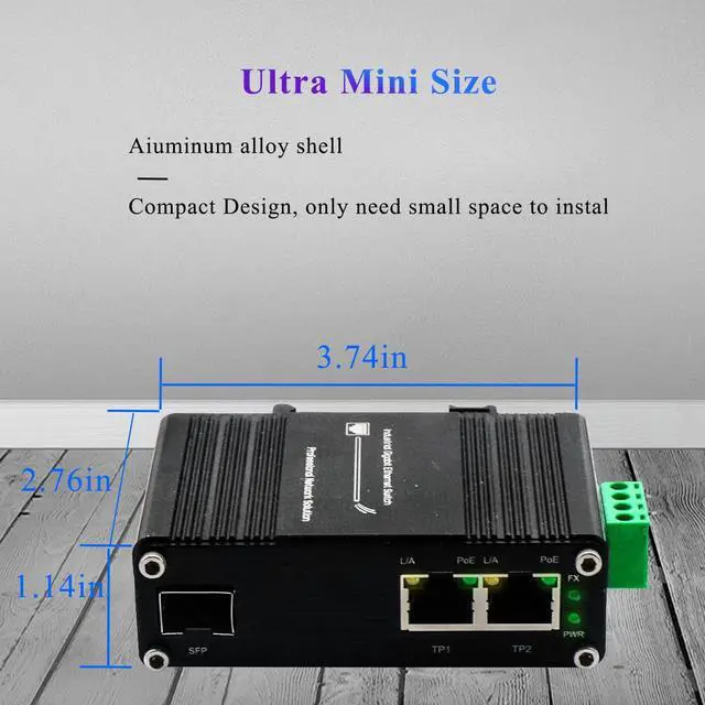 Alt view image 3 of 5 - Mini Industrial 1-Port 100/1000X SFP to 2-Port 10/100/1000T 30W PoE+ Media Converter, Full/Half-Duplex, Auto MDI/MDI-X, DIN-Rail & Wall Mount, 12~48VDC Input, -40°F to 167°F