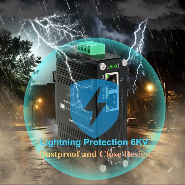 Alt view image 5 of 5 - Mini Industrial 1-Port 100/1000X SFP to 2-Port 10/100/1000T 30W PoE+ Media Converter, Full/Half-Duplex, Auto MDI/MDI-X, DIN-Rail & Wall Mount, 12~48VDC Input, -40°F to 167°F