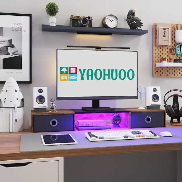 Alt view image 2 of 5 - YAOHUOO Dual Monitor Stand with LED Light 2 Drawers, Computer Monitor Riser for 2 Monitors, Large Desktop Organzier with Storage for PC/Laptop/Computer/TV Screen/Printer