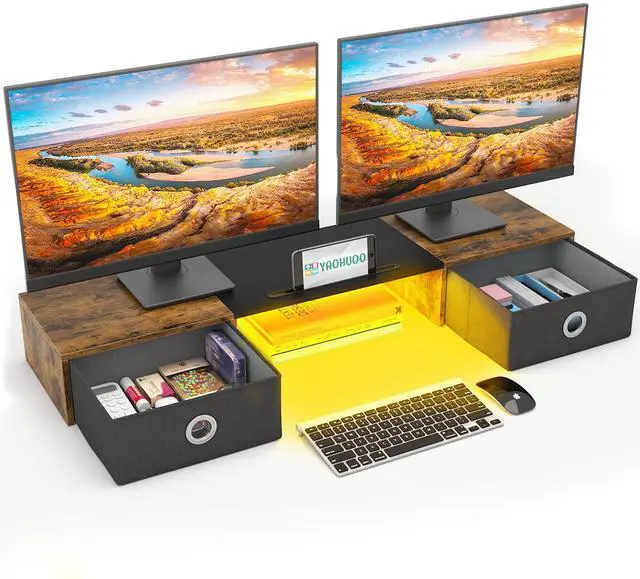 Main image of YAOHUOO Dual Monitor Stand with LED Light 2 Drawers, Computer Monitor Riser for 2 Monitors, Large Desktop Organzier with Storage for PC/Laptop/Computer/TV Screen/Printer