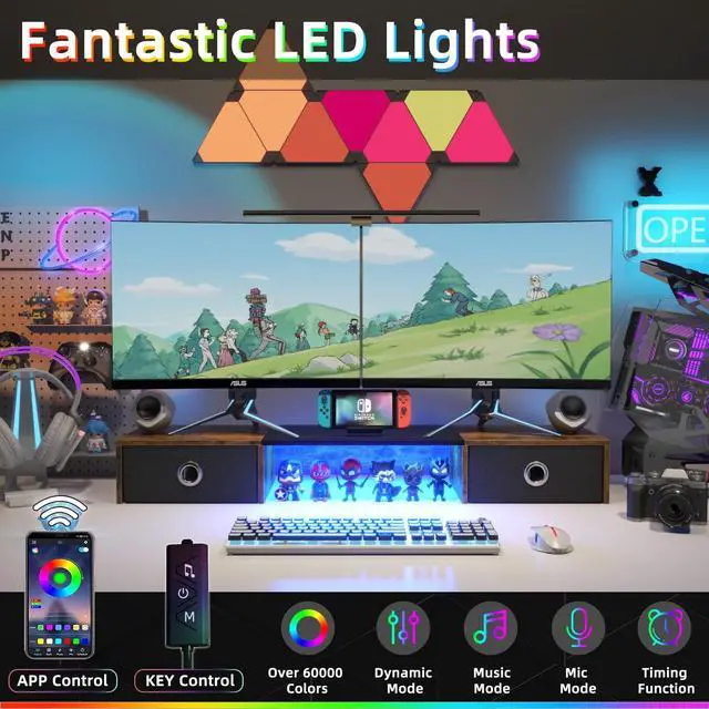 Alt view image 4 of 5 - YAOHUOO Dual Monitor Stand with LED Light 2 Drawers, Computer Monitor Riser for 2 Monitors, Large Desktop Organzier with Storage for PC/Laptop/Computer/TV Screen/Printer