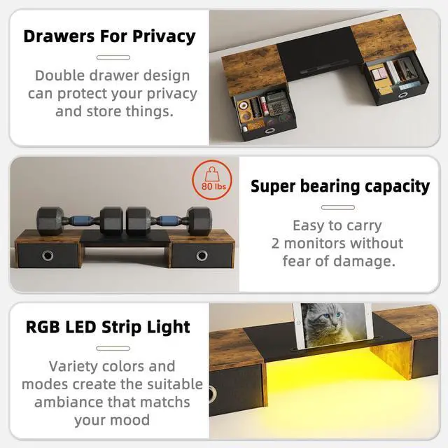Alt view image 5 of 5 - YAOHUOO Dual Monitor Stand with LED Light 2 Drawers, Computer Monitor Riser for 2 Monitors, Large Desktop Organzier with Storage for PC/Laptop/Computer/TV Screen/Printer