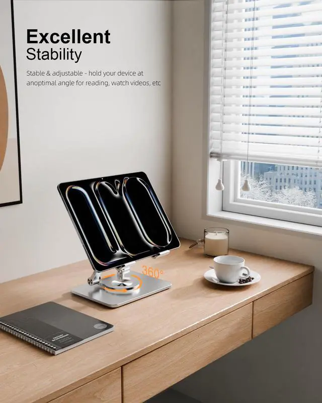 Alt view image 2 of 5 - Tablet Stand Holder with Thickened 360°Rotating Base Dual Rod Adjustable Aluminum Stand for All 5.8-12.9 iPad Samsung Phone Tablet Kindle E-Reader and More, Silver