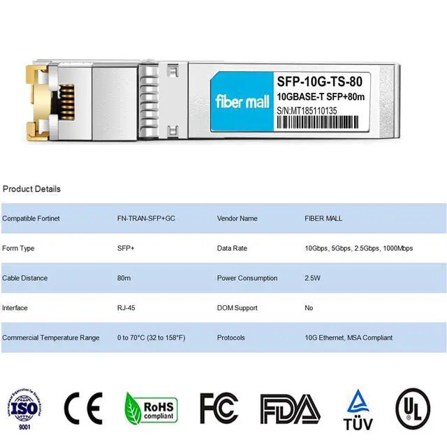 Alt view image 2 of 5 - 10G SFP+ RJ45 80m for Fortinet FN-TRAN-SFP+GC FS-TRAN-SFP+GC Mini-GBIC 10GBase-T SFP+ Transceiver 80m 10G-T Copper SFP+ to RJ-45