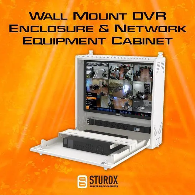 Alt view image 2 of 5 - Wall-Mount DVR/NVR Security Enclosure, Lockable Steel Cabinet with 1U Adjustable Rail, Ventilated, 22 W x 21.2 H x 5.9 D, White (RAL 7035)  STURDX