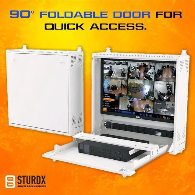 Alt view image 3 of 5 - Wall-Mount DVR/NVR Security Enclosure, Lockable Steel Cabinet with 1U Adjustable Rail, Ventilated, 22 W x 21.2 H x 5.9 D, White (RAL 7035)  STURDX