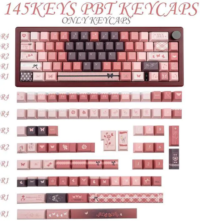 Alt view image 2 of 5 - Gradient Pink and Brown PBT Keycap Set, Butterfly & Rose Theme Cute Cherry Keycap, 145 Keys Dye Sublimation Custom Key Cap for Mechanical Gaming Keyboard