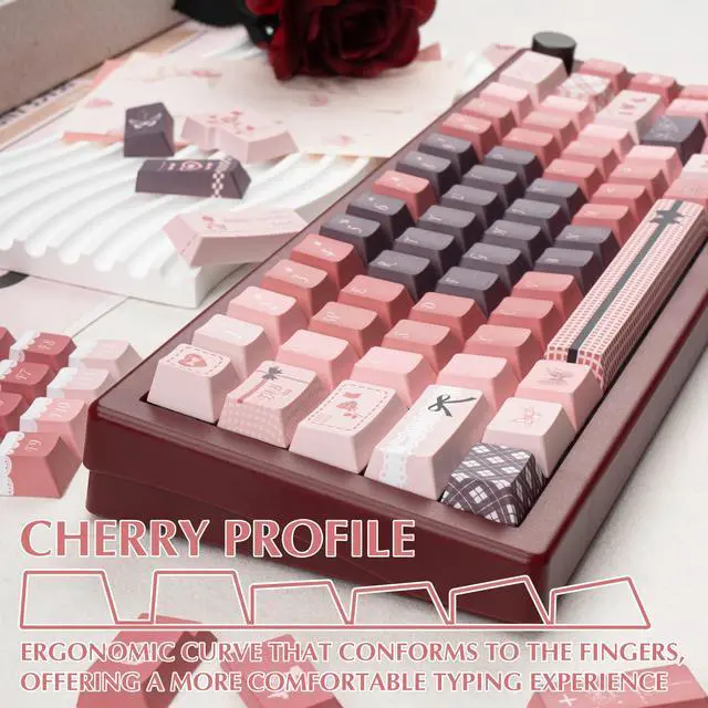 Alt view image 4 of 5 - Gradient Pink and Brown PBT Keycap Set, Butterfly & Rose Theme Cute Cherry Keycap, 145 Keys Dye Sublimation Custom Key Cap for Mechanical Gaming Keyboard