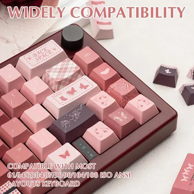 Alt view image 5 of 5 - Gradient Pink and Brown PBT Keycap Set, Butterfly & Rose Theme Cute Cherry Keycap, 145 Keys Dye Sublimation Custom Key Cap for Mechanical Gaming Keyboard