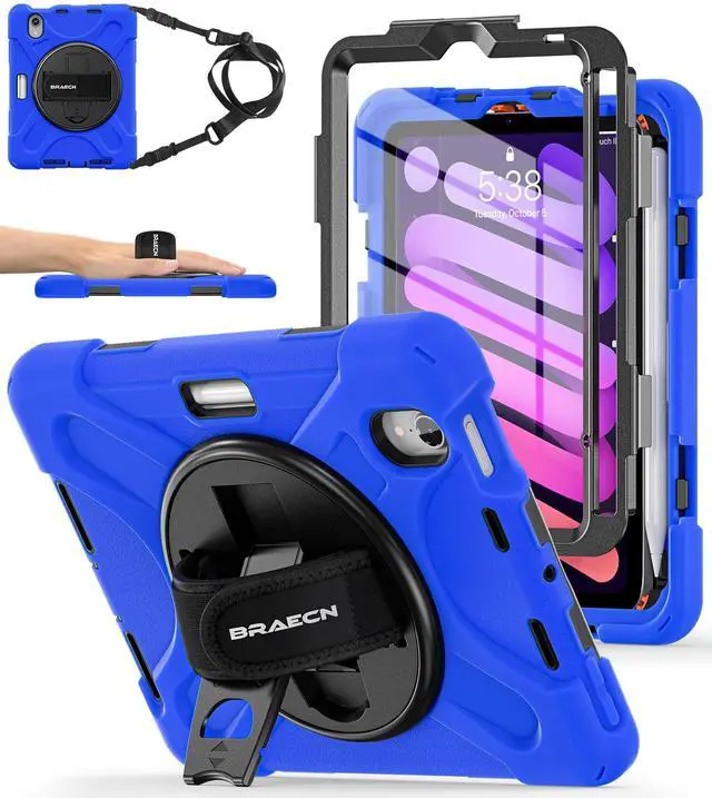 Main image of BRAECNstock Case for Apple iPad mini 7 (A17 Pro) 2024/ Mini 6 8.3" with Screen Protector, Pencil Holder, [360 Rotating Hand Strap] &Stand, Shockproof Protective iPad mini 7th/6th Gen Kids Case, Blue
