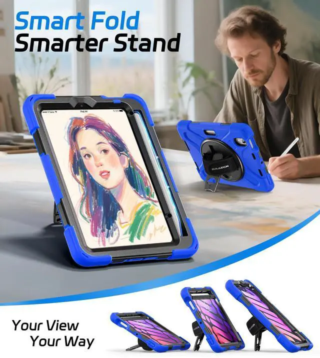 Alt view image 4 of 5 - BRAECNstock Case for Apple iPad mini 7 (A17 Pro) 2024/ Mini 6 8.3" with Screen Protector, Pencil Holder, [360 Rotating Hand Strap] &Stand, Shockproof Protective iPad mini 7th/6th Gen Kids Case, Blue