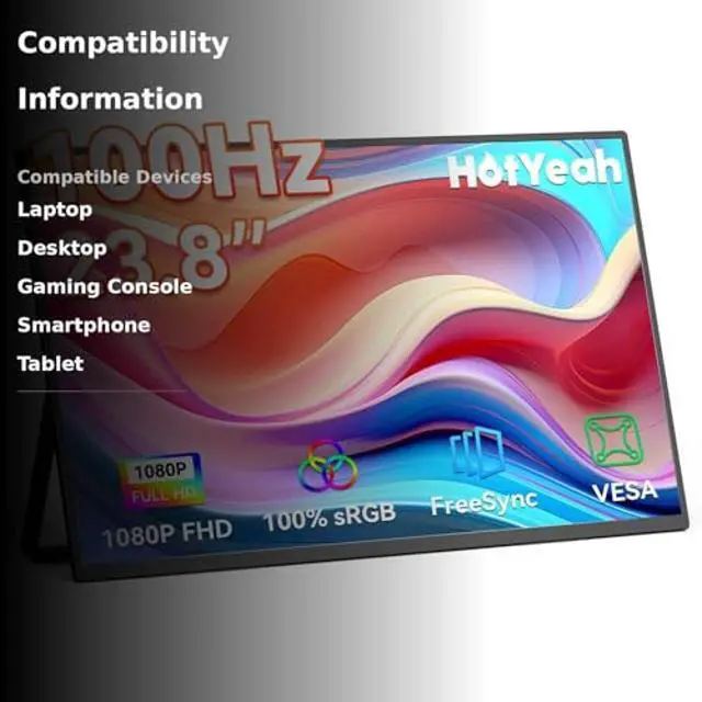 Alt view image 3 of 5 - HotYeah 23.8" 100Hz Portable Monitor, 1080P FHD 100% sRGB IPS USB-C HDMI Large External Monitor, Home Gaming 2nd Screen w/180° Adjustable Kickstand for MacBook, Laptop, PC, Phone, Tablet, Switch, PS5