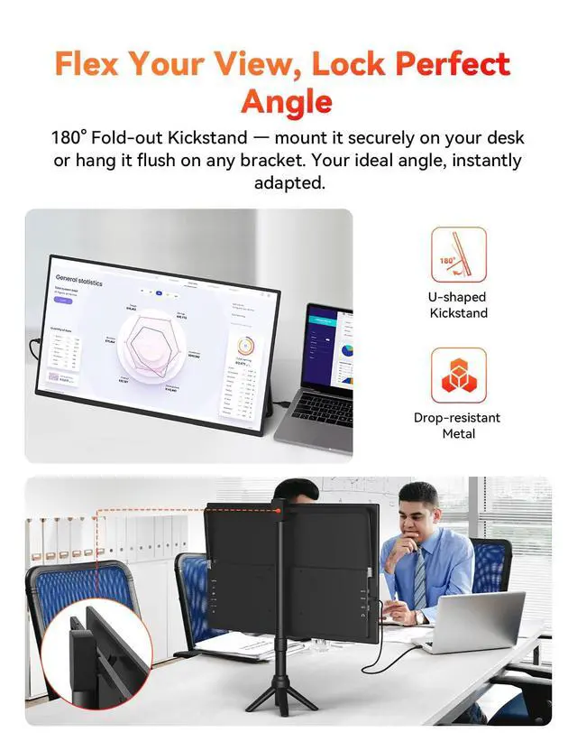 Alt view image 4 of 5 - HotYeah 23.8" 100Hz Portable Monitor, 1080P FHD 100% sRGB IPS USB-C HDMI Large External Monitor, Home Gaming 2nd Screen w/180° Adjustable Kickstand for MacBook, Laptop, PC, Phone, Tablet, Switch, PS5