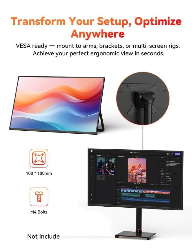 Alt view image 5 of 5 - HotYeah 23.8" 100Hz Portable Monitor, 1080P FHD 100% sRGB IPS USB-C HDMI Large External Monitor, Home Gaming 2nd Screen w/180° Adjustable Kickstand for MacBook, Laptop, PC, Phone, Tablet, Switch, PS5
