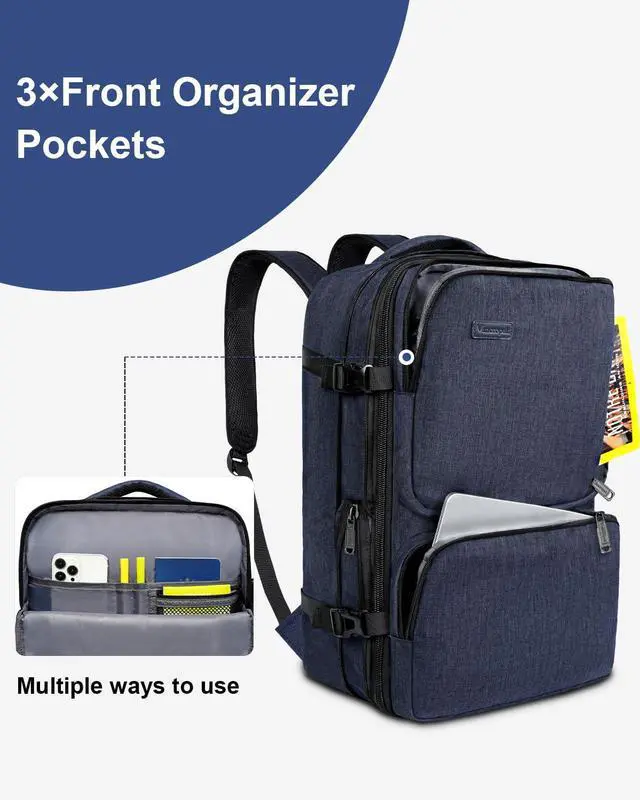 Alt view image 5 of 5 - Vancropak Carry on Backpack, 47L Expandable Extra Large Travel Backpack with 3 Packing Cubes, Flight Approved Water Resistant Luggage Suitcase Weekend Duffle Bag Overnight Daypack for Men Women, Blue