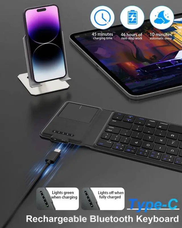 Alt view image 4 of 5 - Foldable Bluetooth Keyboard with Touchpad  2025 Ultra Slim Design Leather Portable Travel Rechargeable Wireless Keyboard with Multi-Device Connection, Compatible with iPhone, iPad, Tablet, Laptop, PC