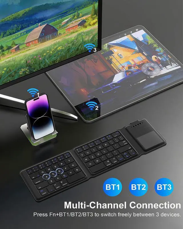 Alt view image 3 of 5 - Foldable Bluetooth Keyboard with Touchpad  2025 Ultra Slim Design Leather Portable Travel Rechargeable Wireless Keyboard with Multi-Device Connection, Compatible with iPhone, iPad, Tablet, Laptop, PC