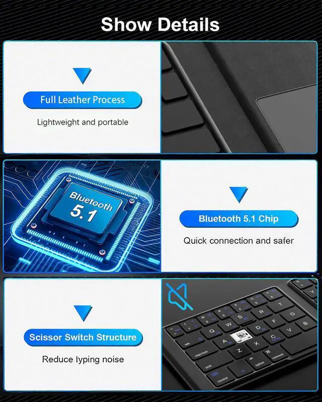 Alt view image 5 of 5 - Foldable Bluetooth Keyboard with Touchpad  2025 Ultra Slim Design Leather Portable Travel Rechargeable Wireless Keyboard with Multi-Device Connection, Compatible with iPhone, iPad, Tablet, Laptop, PC