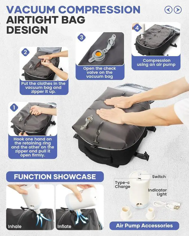 Alt view image 3 of 5 - WONHOX Travel Vacuum Storage Backpack with Air Pump Vacuum Seal Compression Space Saver Bags Clothing Vacpack 18x14x8 inches Travel Bag Carry on Personal item Laptop Work Backpacks Women Men Black