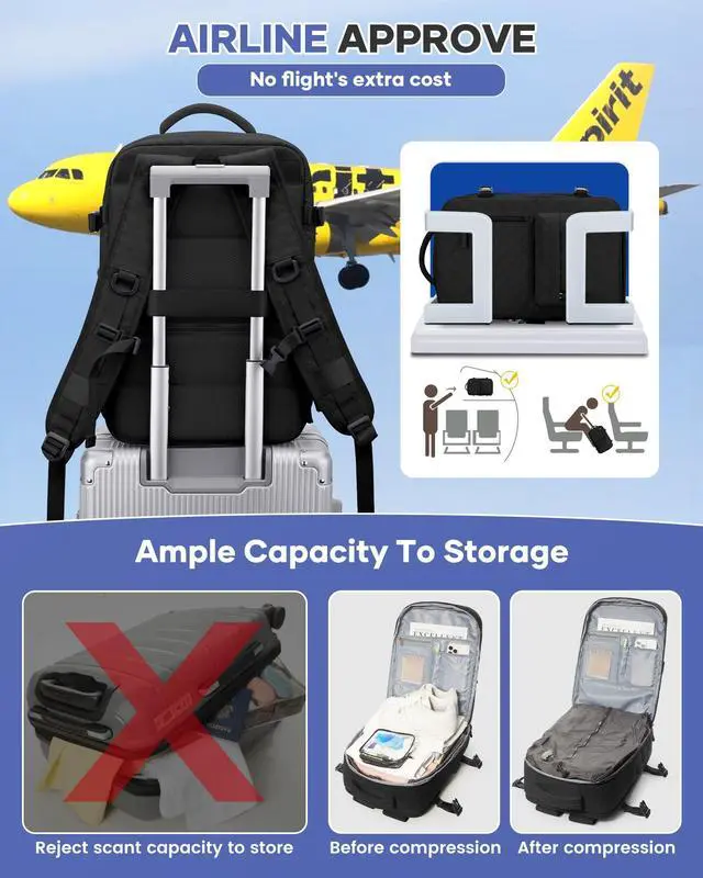 Alt view image 5 of 5 - WONHOX Travel Vacuum Storage Backpack with Air Pump Vacuum Seal Compression Space Saver Bags Clothing Vacpack 18x14x8 inches Travel Bag Carry on Personal item Laptop Work Backpacks Women Men Black