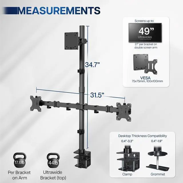 Alt view image 3 of 5 - VIVO Triple Monitor Extra Tall Desk Mount for up to 49 inch Ultrawides on Center Bracket and 27 inch Screens on Side Brackets, Holds up to 44 lbs, Black, STAND-V103T