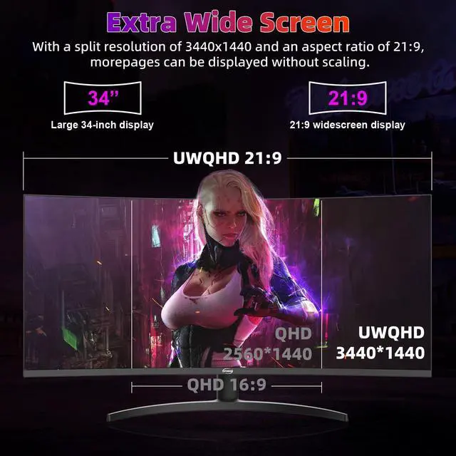 Alt view image 4 of 5 - GPVHOSO 34 Inch 4K Curved Gaming Monitor, (3440x1440) 165Hz VA Panel Ultrawide Computer Monitor, HDR400, 1500R, FreeSync HDMI/DP and Built-in Speaker VESA 100 x 100mm