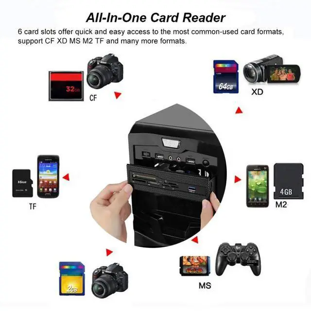 Alt view image 2 of 5 - PC Front Panel Multi-Function USB 3.0 Hub Card Reader Supports M.2, MS, XD, CF, TF for Computer - High Speed Internal Card Reader