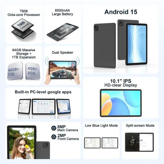 Alt view image 2 of 5 - Tablet 10.1 inch Android Tablet with Octa-Core Processor, 12GB RAM 64GB ROM 2TB Expand, 1280x800 HD Touchscreen, GPS, FM, WiFi 5, Dual Camera, BT5.0, 6000mAh, Widevine L1