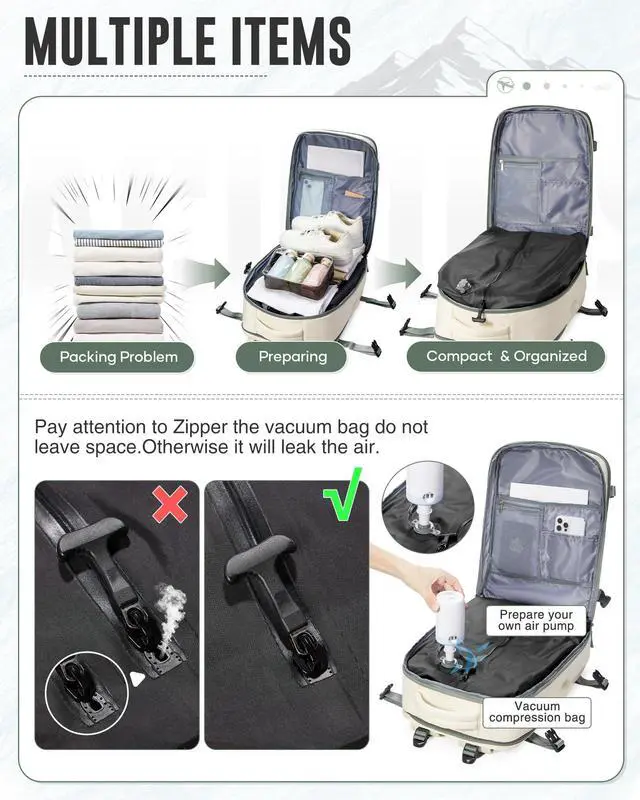 Alt view image 3 of 5 - Vacuum Backpack Travel with Pump, Waterproof Compression Backpack, Airback Personal Item Carry on Backpacks, Vacpack Compression Bags for Seal, Business Travel Backpacks for Women Men(Beige Green)