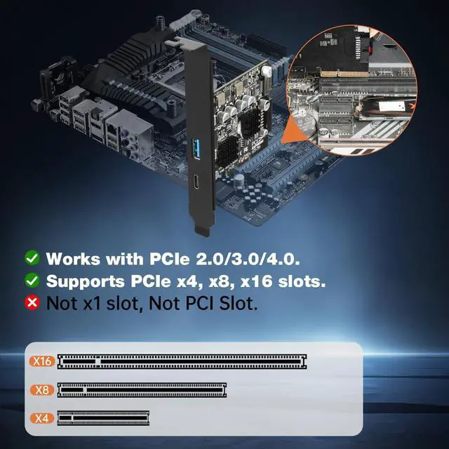 Alt view image 3 of 5 - Jorkar PCIe to USB C 3.2 Gen 2 Expansion Card 10Gbps PCI-E Card with USB-C + Type A + Type-E A-Key Front Panel Add-On Adapter + Internal 19/20 Pin Connector