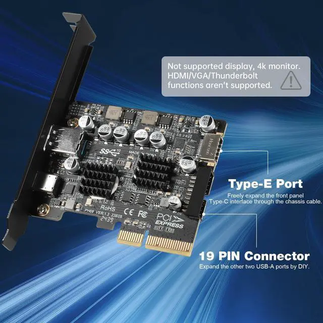 Alt view image 4 of 5 - Jorkar PCIe to USB C 3.2 Gen 2 Expansion Card 10Gbps PCI-E Card with USB-C + Type A + Type-E A-Key Front Panel Add-On Adapter + Internal 19/20 Pin Connector