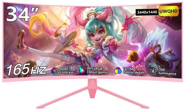 Main image of Raywego 34 inch Pink Curved Gaming Comupter Monitor 165Hz UWQHD 3440x1440,1500R -PIP,1ms (MPRT),HDR, 300nits,sRGB99%,FreeSync,HDMI2.0(TMDS) x2,DP1.4 x2,Eye Care, Supports Wall Mount 75x75mm