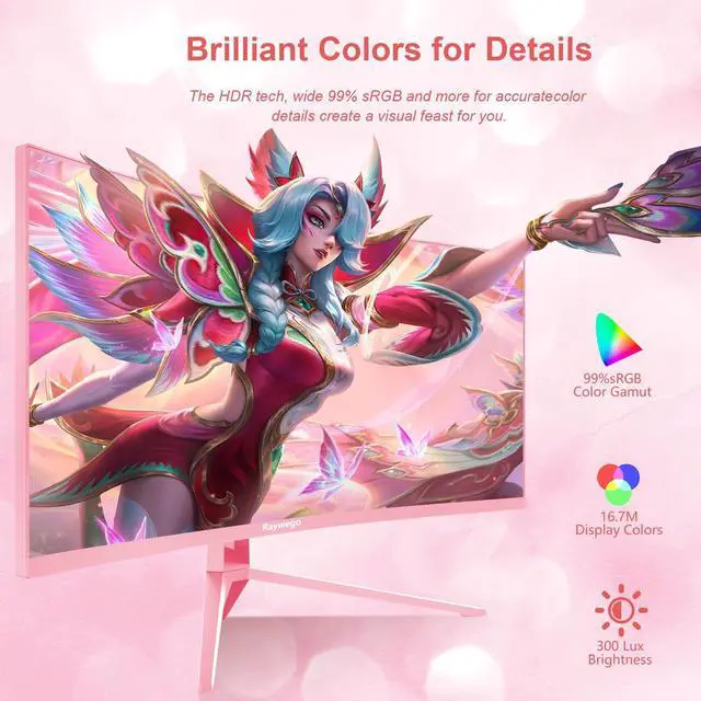 Alt view image 4 of 5 - Raywego 34 inch Pink Curved Gaming Comupter Monitor 165Hz UWQHD 3440x1440,1500R -PIP,1ms (MPRT),HDR, 300nits,sRGB99%,FreeSync,HDMI2.0(TMDS) x2,DP1.4 x2,Eye Care, Supports Wall Mount 75x75mm