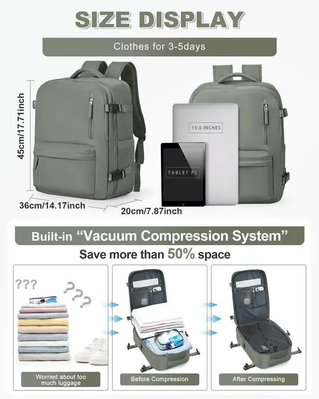 Alt view image 4 of 5 - winspansy Large Storage Vacuum Compression Travel Backpack Seal Bags with Pump Clothing 18x14x8 Personal Item Work Carry on Business Vacpack College Laptop Backpack for Women Men Dark Green