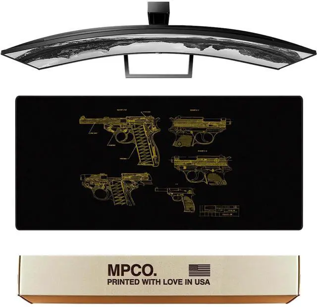 Main image of MPCO. Blueprints Large Gaming Desk Pad - 36" x 17" Aeroglyde Fabric Pistol 38  Black/Yellow Desk Mats - Non-Slip, Washable, Smooth Glide for Precision Gaming & Work