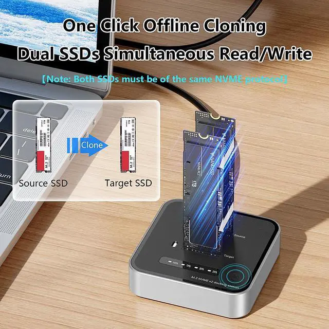 Alt view image 3 of 5 - MiliPow Dual-Bay M.2 NVMe SSD Enclosure, Offline Clone SSD Duplicator, 20Gbps Read/Write Expansion SSD Reader NVMe Enclosure, Tool-Free, Up to 8TB