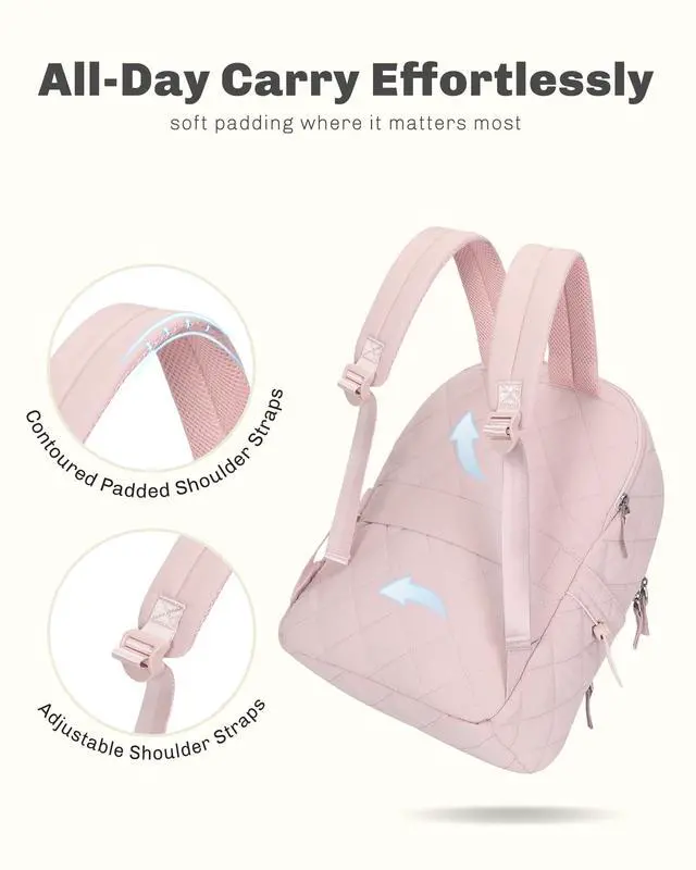 Alt view image 3 of 5 - Hynes Eagle Travel Laptop Backpack Quilted College Backpack for Women Puffer Casual Daypack Personal Item Bag for 16 Inch Light Pink